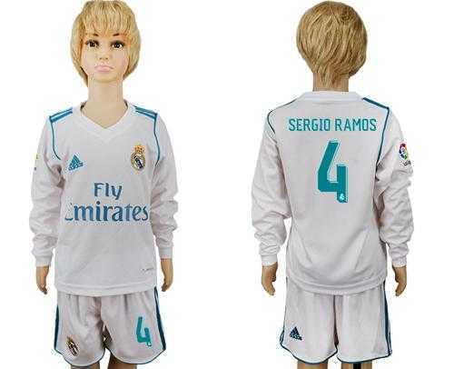 Real Madrid #4 Sergio Ramos Home Long Sleeves Kid Soccer Club Jersey