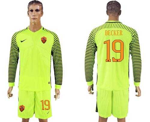 Roma #19 Becker Shiny Green Goalkeeper Long Sleeves Soccer Club Jersey