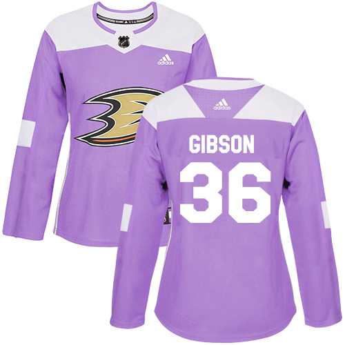 Women's Adidas Anaheim Ducks #36 John Gibson Purple Authentic Fights Cancer Stitched NHL Jersey