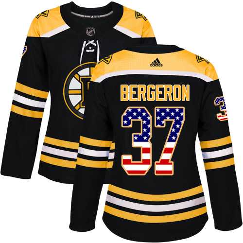 Women's Adidas Boston Bruins #37 Patrice Bergeron Black Home Authentic USA Flag Stitched NHL Jersey
