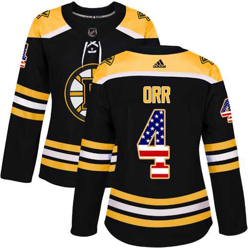 Women's Adidas Boston Bruins #4 Bobby Orr Black Home Authentic USA Flag Stitched NHL Jersey