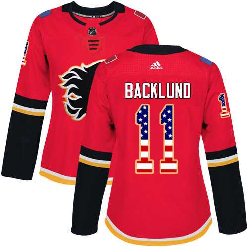 Women's Adidas Calgary Flames #11 Mikael Backlund Red Home Authentic USA Flag Stitched NHL Jersey
