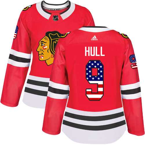 Women's Adidas Chicago Blackhawks #9 Bobby Hull Red Home Authentic USA Flag Stitched NHL Jersey