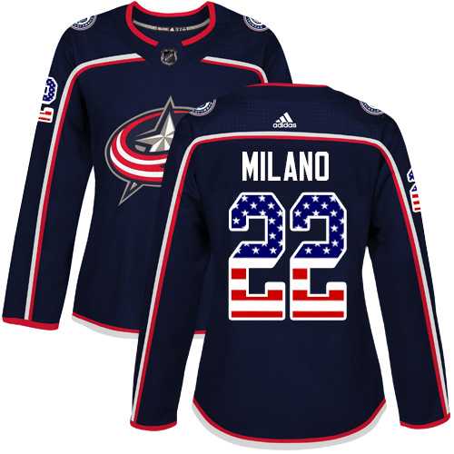 Women's Adidas Columbus Blue Jackets #22 Sonny Milano Navy Blue Home Authentic USA Flag Stitched NHL Jersey