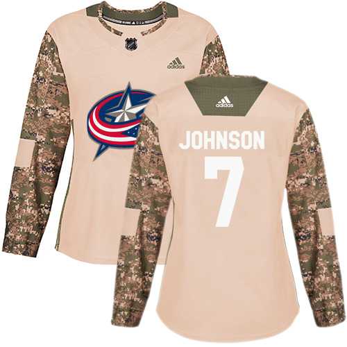 Women's Adidas Columbus Blue Jackets #7 Jack Johnson Camo Authentic 2017 Veterans Day Stitched NHL Jersey
