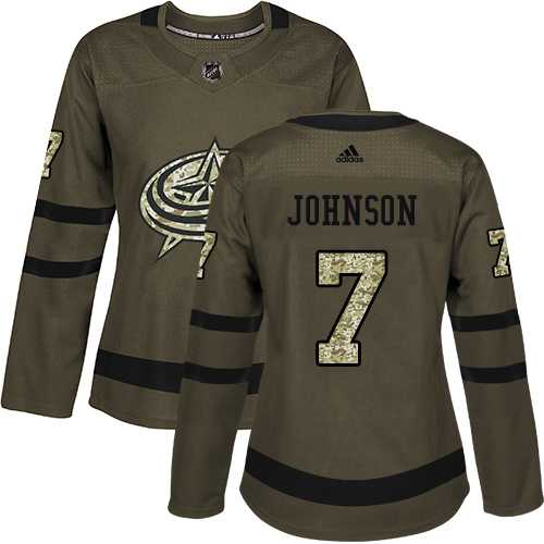 Women's Adidas Columbus Blue Jackets #7 Jack Johnson Green Salute to Service Stitched NHL Jersey