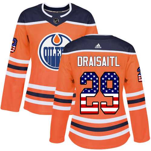 Women's Adidas Edmonton Oilers #29 Leon Draisaitl Orange Home Authentic USA Flag Stitched NHL Jersey