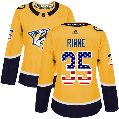 Women's Adidas Nashville Predators #35 Pekka Rinne Yellow Home Authentic USA Flag Stitched NHL Jersey