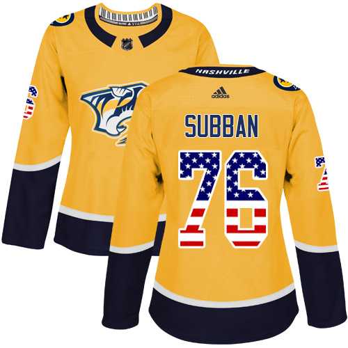 Women's Adidas Nashville Predators #76 P.K Subban Yellow Home Authentic USA Flag Stitched NHL Jersey