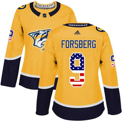 Women's Adidas Nashville Predators #9 Filip Forsberg Yellow Home Authentic USA Flag Stitched NHL Jersey