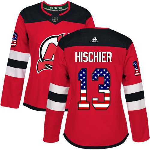 Women's Adidas New Jersey Devils #13 Nico Hischier Red Home Authentic USA Flag Stitched NHL Jersey