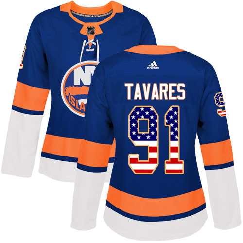 Women's Adidas New York Islanders #91 John Tavares Royal Blue Home Authentic USA Flag Stitched NHL Jersey