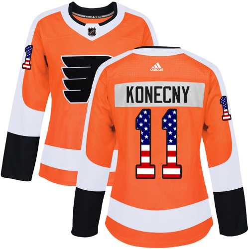 Women's Adidas Philadelphia Flyers #11 Travis Konecny Orange Home Authentic USA Flag Stitched NHL Jersey