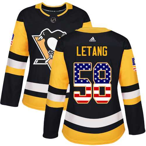 Women's Adidas Pittsburgh Penguins #58 Kris Letang Black Home Authentic USA Flag Stitched NHL Jersey