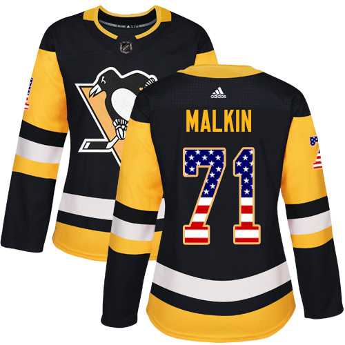 Women's Adidas Pittsburgh Penguins #71 Evgeni Malkin Black Home Authentic USA Flag Stitched NHL Jersey