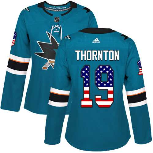 Women's Adidas San Jose Sharks #19 Joe Thornton Teal Home Authentic USA Flag Stitched NHL Jersey