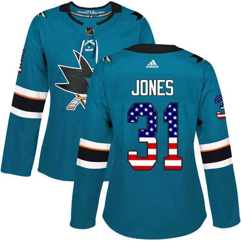 Women's Adidas San Jose Sharks #31 Martin Jones Teal Home Authentic USA Flag Stitched NHL Jersey