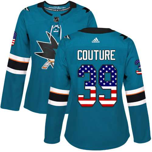 Women's Adidas San Jose Sharks #39 Logan Couture Teal Home Authentic USA Flag Stitched NHL Jersey