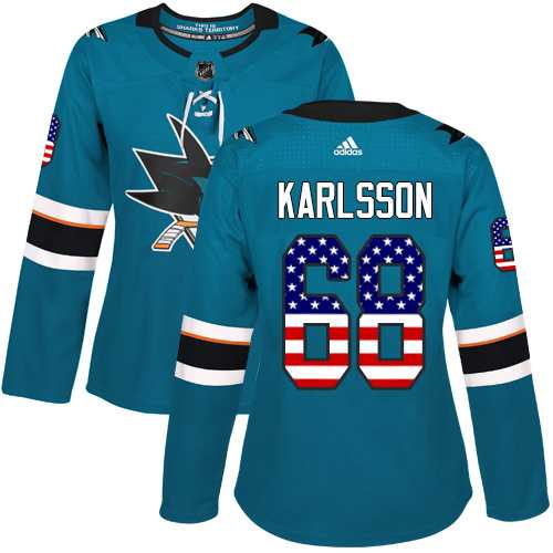 Women's Adidas San Jose Sharks #68 Melker Karlsson Teal Home Authentic USA Flag Stitched NHL Jersey