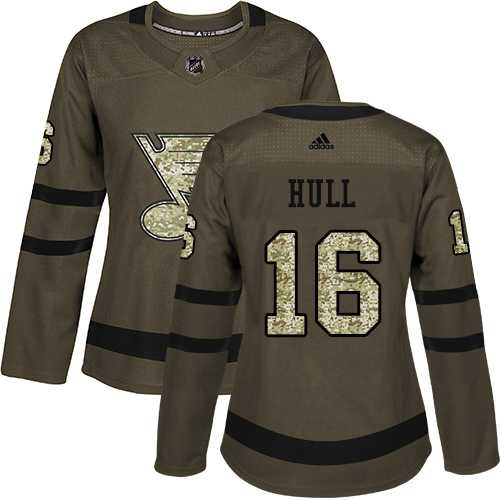 Women's Adidas St. Louis Blues #16 Brett Hull Green Salute to Service Stitched NHL Jersey