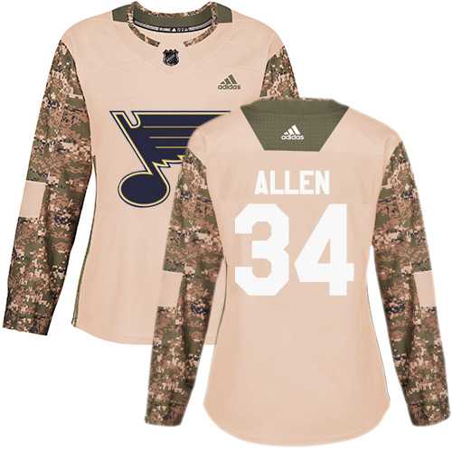 Women's Adidas St. Louis Blues #34 Jake Allen Camo Authentic 2017 Veterans Day Stitched NHL Jersey