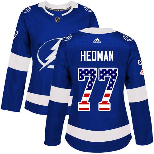 Women's Adidas Tampa Bay Lightning#77 Victor Hedman Blue Home Authentic USA Flag Stitched NHL Jersey