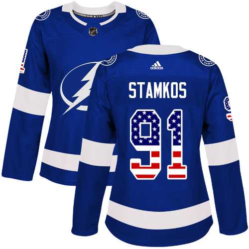 Women's Adidas Tampa Bay Lightning#91 Steven Stamkos Blue Home Authentic USA Flag Stitched NHL Jersey