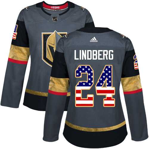 Women's Adidas Vegas Golden Knights #24 Oscar Lindberg Grey Home Authentic USA Flag Stitched NHL Jersey