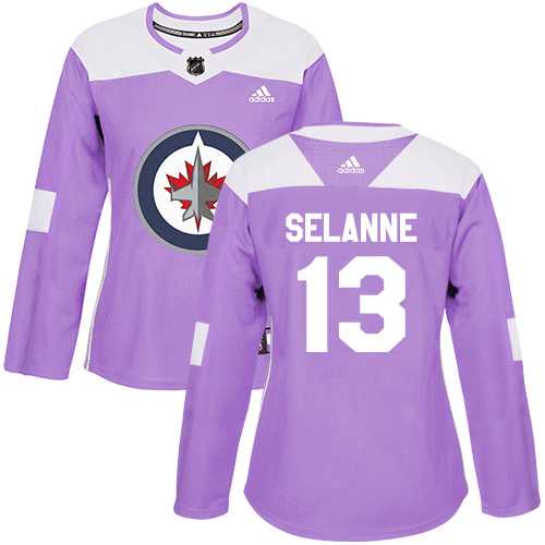 Women's Adidas Winnipeg Jets #13 Teemu Selanne Purple Authentic Fights Cancer Stitched NHL Jersey