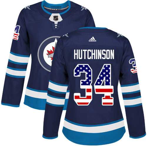 Women's Adidas Winnipeg Jets #34 Michael Hutchinson Navy Blue Home Authentic USA Flag Stitched NHL Jersey