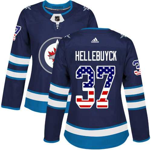 Women's Adidas Winnipeg Jets #37 Connor Hellebuyck Navy Blue Home Authentic USA Flag Stitched NHL Jersey