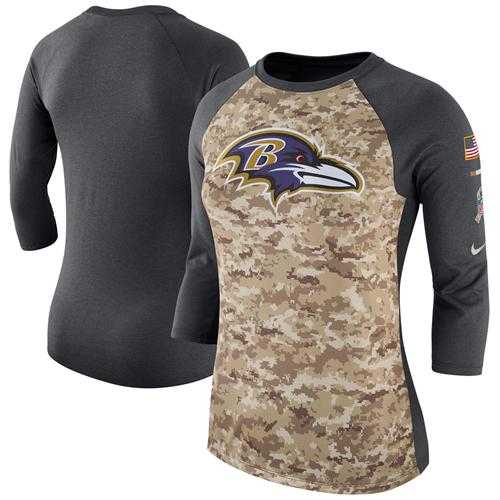 Women's Baltimore Ravens Nike Camo Charcoal Salute to Service Legend Three-Quarter Raglan Sleeve T-Shirt