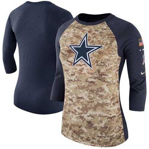 Women's Dallas Cowboys Nike Camo Navy Salute to Service Legend Three-Quarter Raglan Sleeve T-Shirt