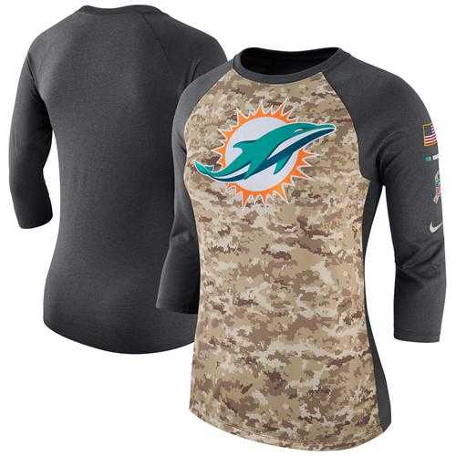 Women's Miami Dolphins Nike Camo Charcoal Salute to Service Legend Three-Quarter Raglan Sleeve T-Shirt