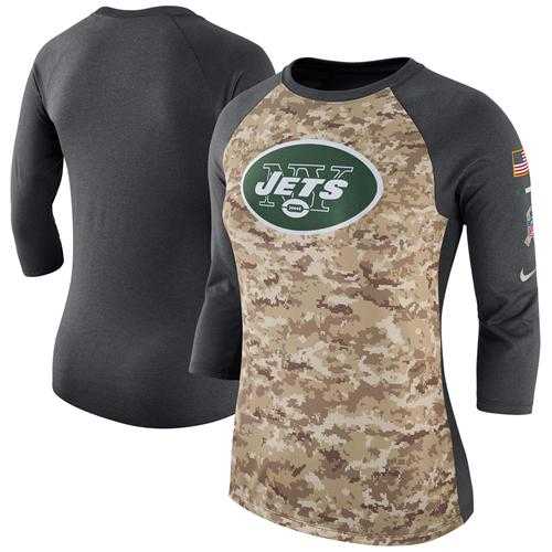 Women's New York Jets Nike Camo Charcoal Salute to Service Legend Three-Quarter Raglan Sleeve T-Shirt