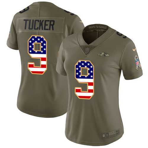 Women's Nike Baltimore Ravens #9 Justin Tucker Olive USA Flag Stitched NFL Limited 2017 Salute to Service Jersey