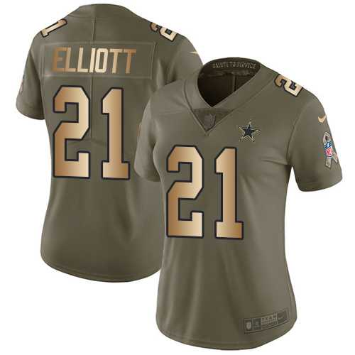 Women's Nike Dallas Cowboys #21 Ezekiel Elliott Olive Gold Stitched NFL Limited 2017 Salute to Service Jersey