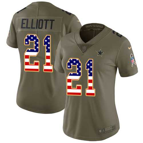 Women's Nike Dallas Cowboys #21 Ezekiel Elliott Olive USA Flag Stitched NFL Limited 2017 Salute to Service Jersey