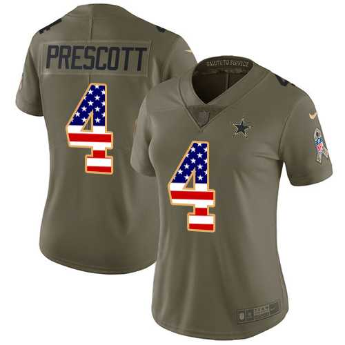 Women's Nike Dallas Cowboys #4 Dak Prescott Olive USA Flag Stitched NFL Limited 2017 Salute to Service Jersey
