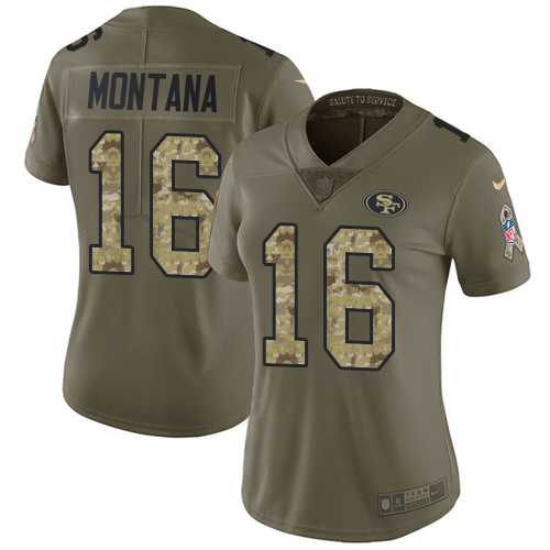Women's Nike San Francisco 49ers #16 Joe Montana Olive Camo Stitched NFL Limited 2017 Salute to Service Jersey