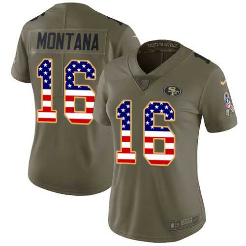 Women's Nike San Francisco 49ers #16 Joe Montana Olive USA Flag Stitched NFL Limited 2017 Salute to Service Jersey