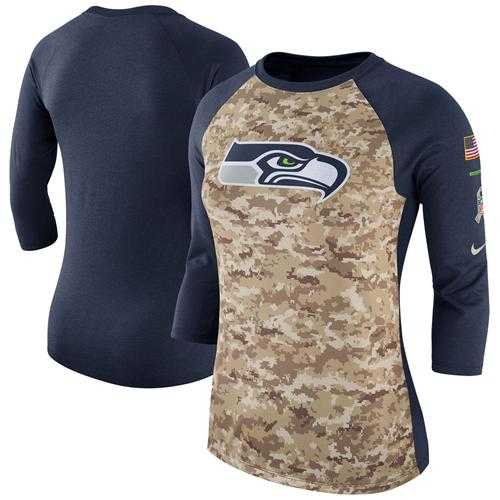 Women's Seattle Seahawks Nike Camo Navy Salute to Service Legend Three-Quarter Raglan Sleeve T-Shirt