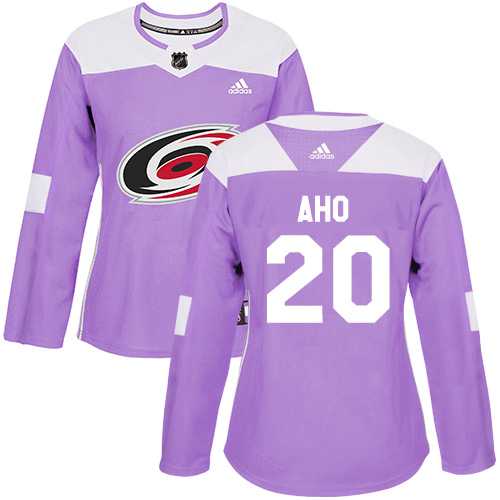 Womwen's Adidas Carolina Hurricanes #20 Sebastian Aho Purple Authentic Fights Cancer Stitched NHL Jersey