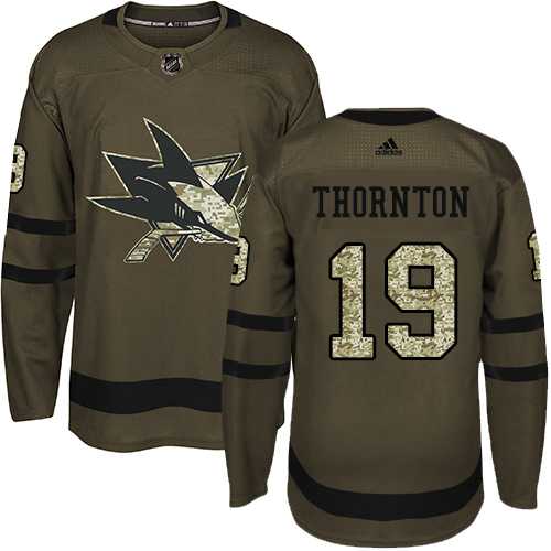 Youth Adidas San Jose Sharks #19 Joe Thornton Green Salute to Service Stitched NHL Jersey