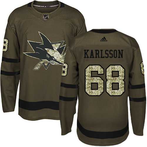 Youth Adidas San Jose Sharks #68 Melker Karlsson Green Salute to Service Stitched NHL Jersey