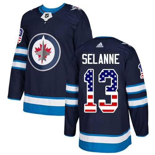 Youth Adidas Winnipeg Jets #13 Teemu Selanne Navy Blue Home Authentic USA Flag Stitched NHL Jersey