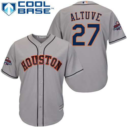 Youth Houston Astros #27 Jose Altuve Grey Cool Base 2017 World Series Champions Stitched MLB Jersey