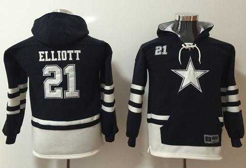 Youth Nike Dallas Cowboys #21 Ezekiel Elliott Navy White Name & Number Pullover NFL Hoodie
