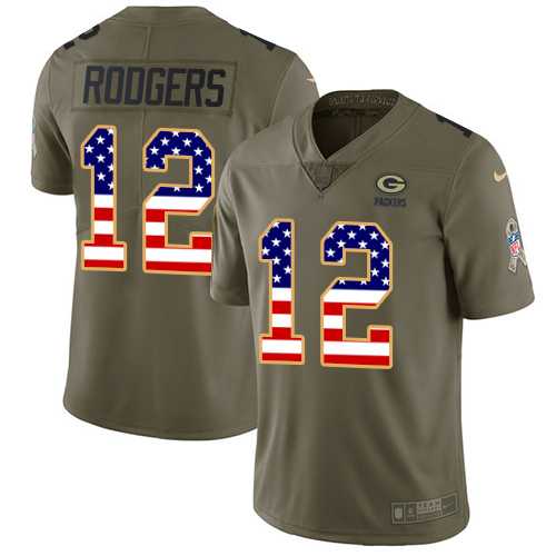Youth Nike Green Bay Packers #12 Aaron Rodgers Olive USA Flag Stitched NFL Limited 2017 Salute to Service Jersey