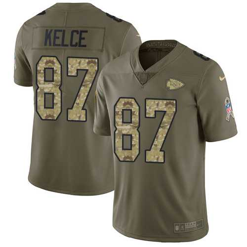 Youth Nike Kansas City Chiefs #87 Travis Kelce Olive Camo Stitched NFL Limited 2017 Salute to Service Jersey